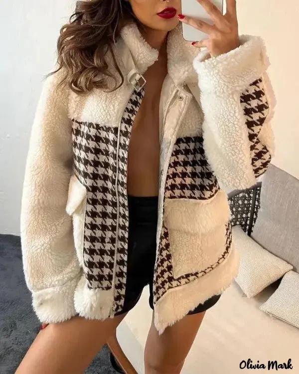 Olivia Mark – Contrast Houndstooth Long Sleeve Teddy Coat Product Image