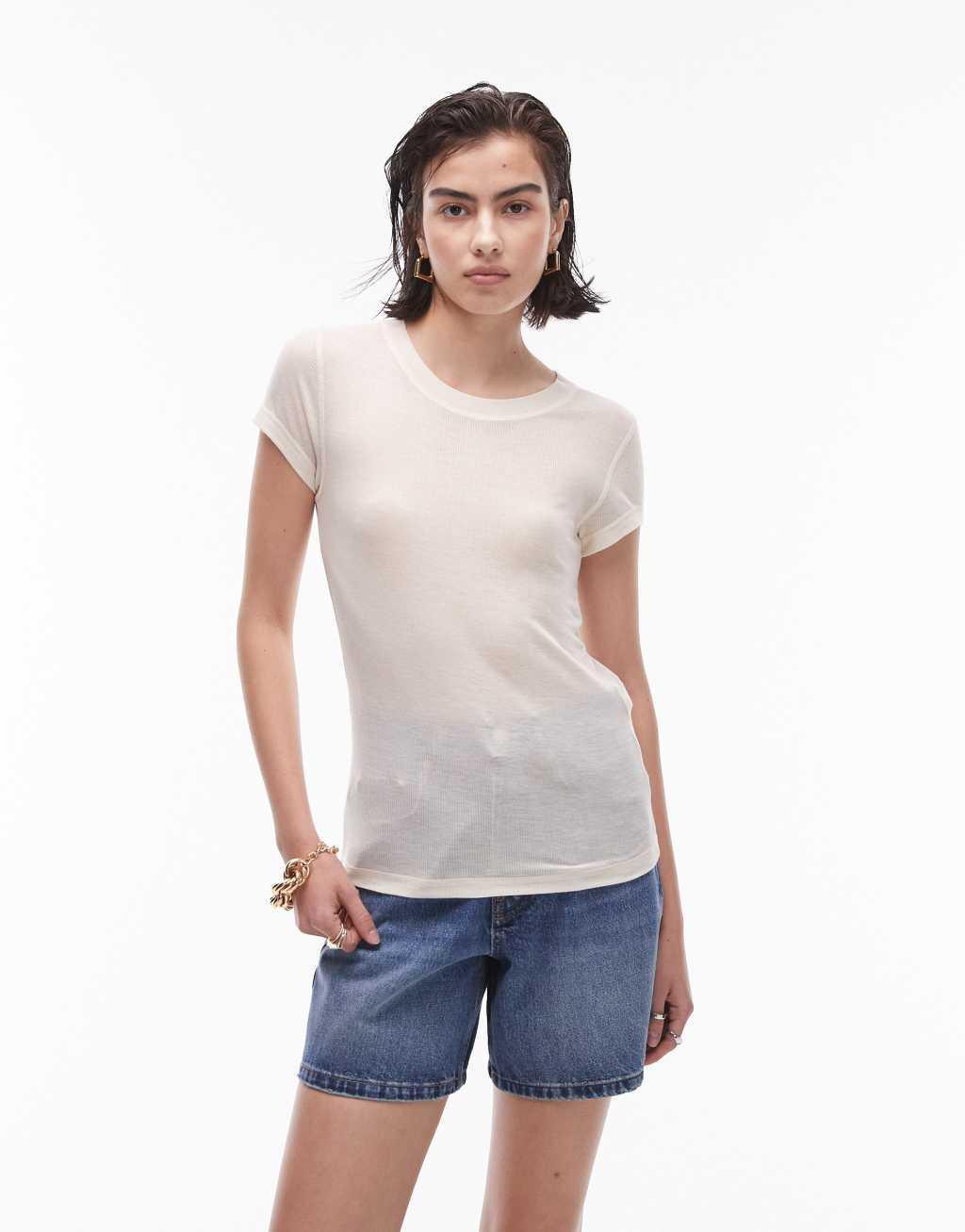 Topshop premium ribbed sheer longline tee in off white product image