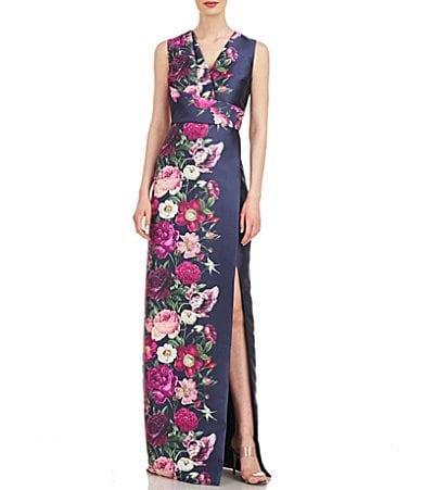 Kay Unger Coraline Floral Faux Wrap Sheath Gown Product Image