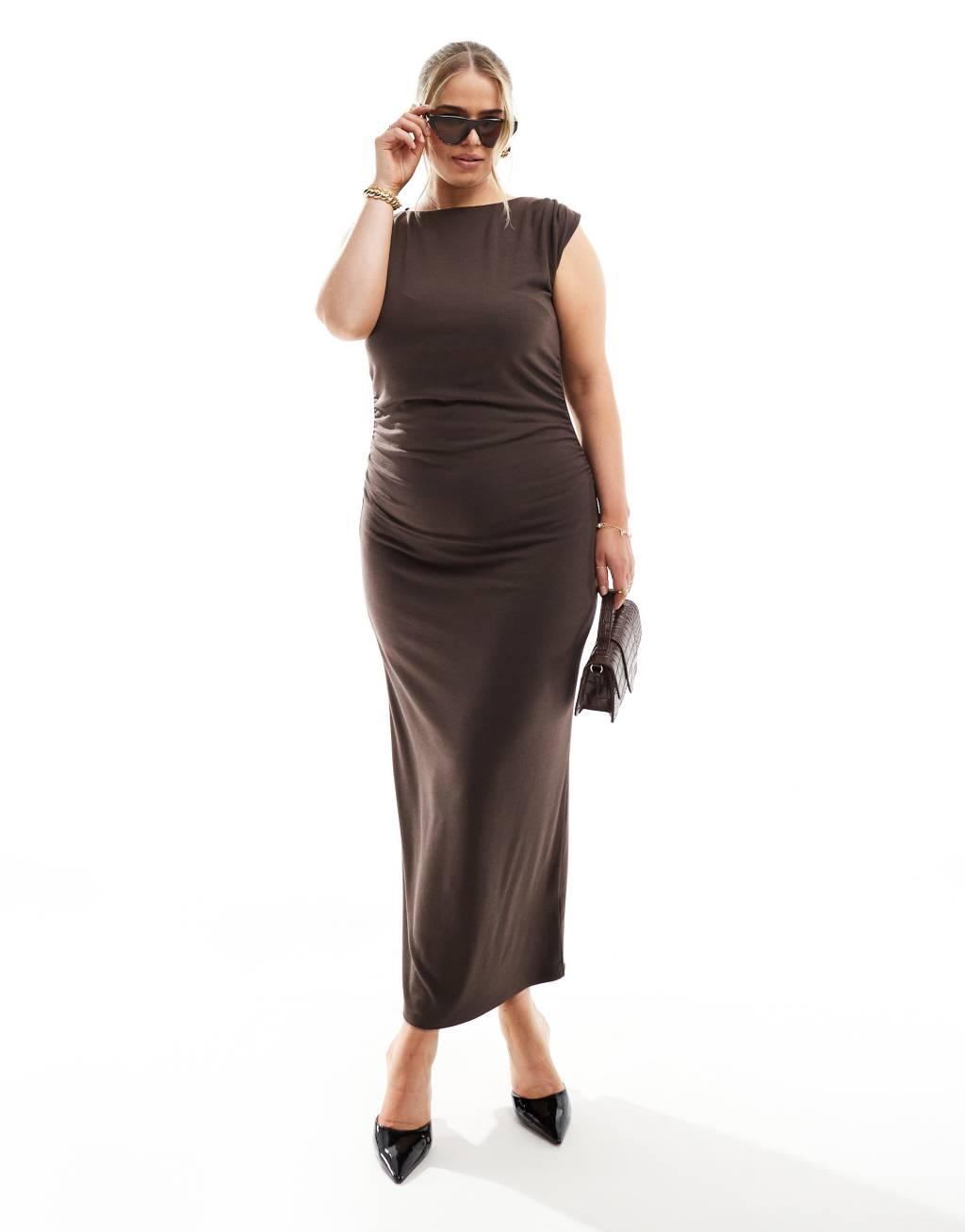 4th & Reckless Plus exclusive sleeveless ruched high neck maxi dress in chocolate Product Image