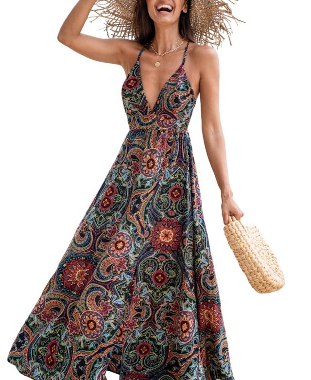 Women's Floral Ornate Print Plunge Maxi Beach Dress Product Image