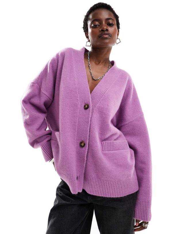 Monki knit button front oversized cardigan in lilac Product Image