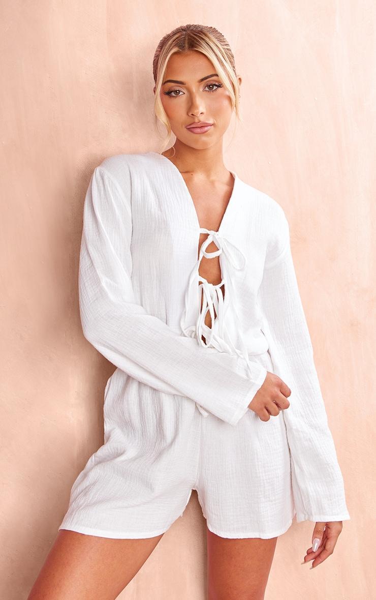 White Textured Cheescloth Tie Front Romper Product Image