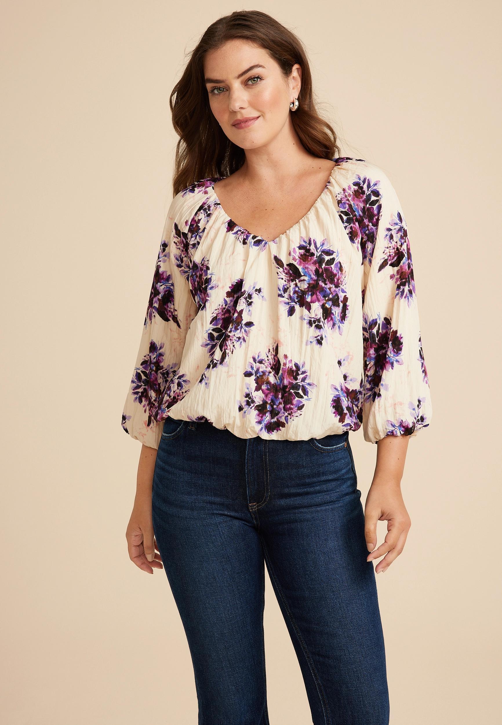 Floral 3/4 Sleeve Bubble Hem Blouse Product Image