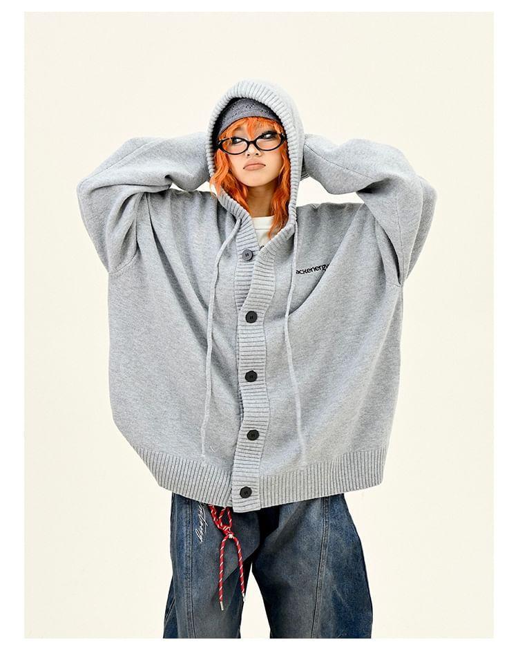 Drop Shoulder Hooded Lettering Button Up Oversized Cardigan Product Image