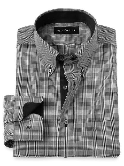 Non-Iron Cotton Plaid Dress Shirt With Contrast Trim - Black Product Image