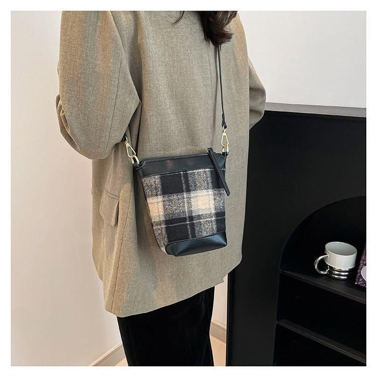 Plaid Faux Leather Panel Bucket Bag Product Image