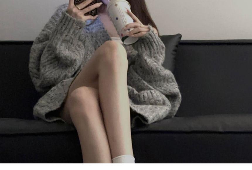 V-Neck Plain Cable-Knit Oversized Sweater Product Image