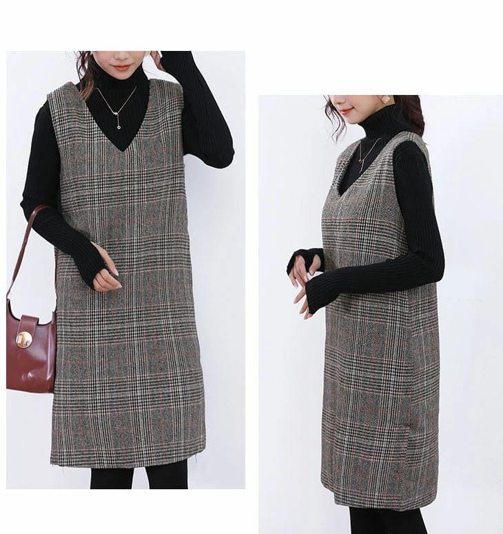 V-Neck Plaid Dungaree Dress / Midi Dress Product Image