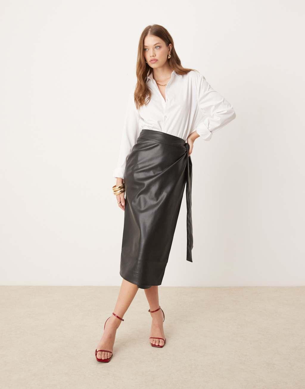 Never Fully Dressed PU wrap midi skirt in black  product image