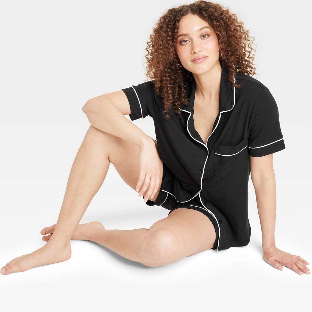 Women's Cloud Knit Short Sleeve Notch Collar Top and Shorts Pajama Set - Auden™ Black L Product Image