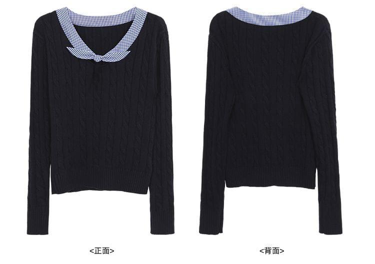 Tie Neck Plaid Panel Cable Knit Sweater Product Image