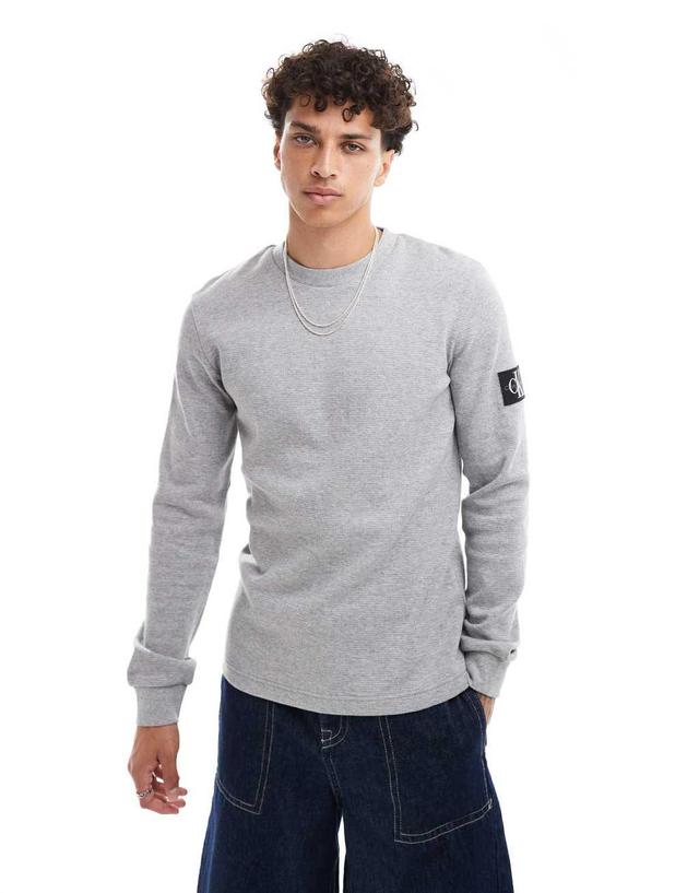 Calvin Klein Jeans waffle long sleeve badge T-shirt in gray heather Product Image