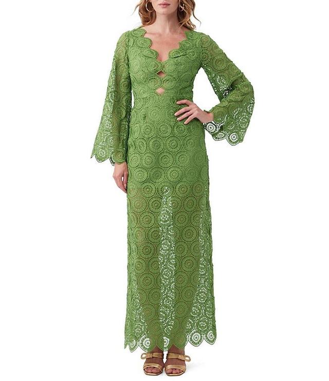 Trina Turk Pahala Geometric Sheer Lace V-Neck Long Sleeve Keyhole Detail Maxi Sheath Dress Product Image