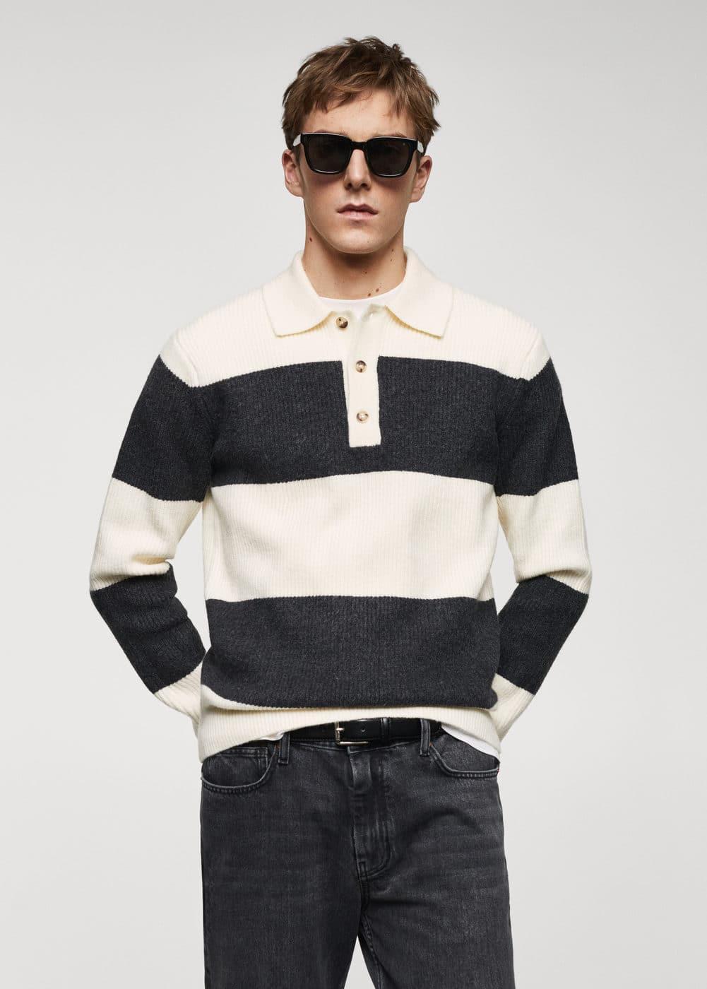 MANGO MAN - Ribbed striped knitted polo shirt off whiteMen Product Image