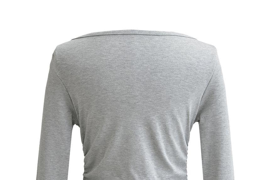 Long Sleeve Boat Neck Plain Ruched T-Shirt Product Image