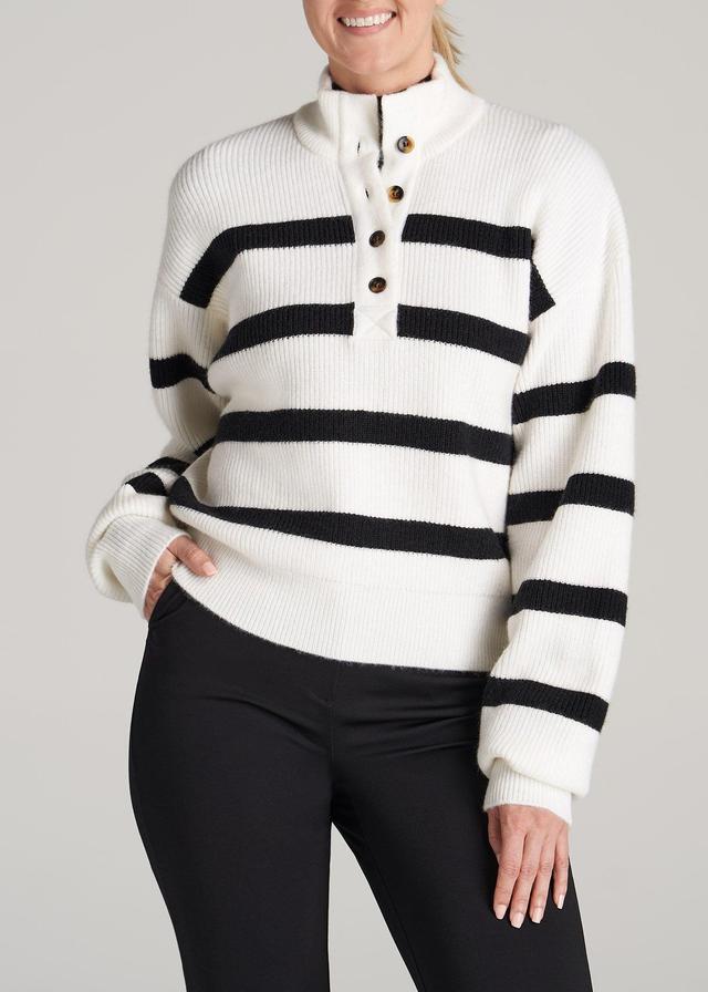 Button Front Mock Neck Sweater for Tall Women in Off White & Black Stripe Female Product Image