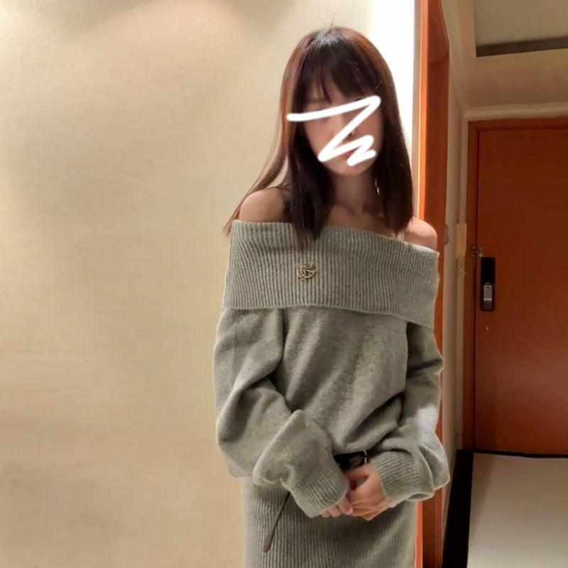 Off Shoulder Plain Mini Sweater Dress Product Image