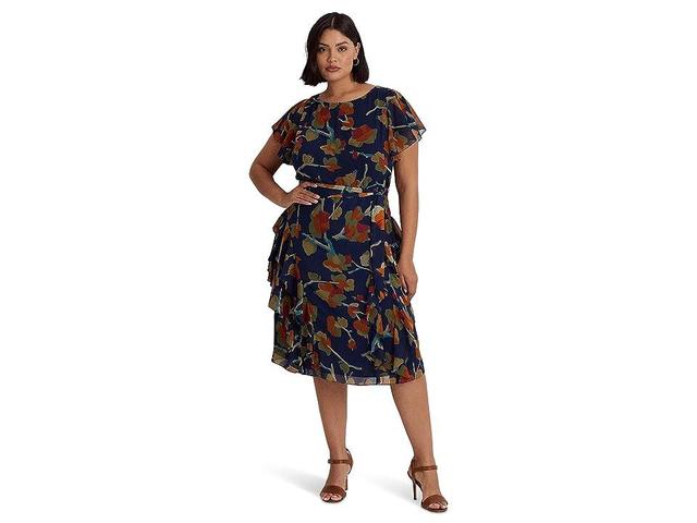 Lauren Ralph Lauren Plus Size Floral Ruffle-Trim Georgette Dress Multi) Women's Clothing Product Image