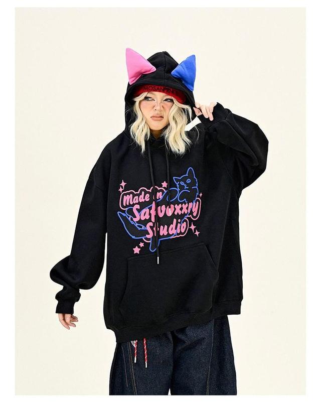 Drawstring Cat Ear Printed Oversized Hoodie Product Image