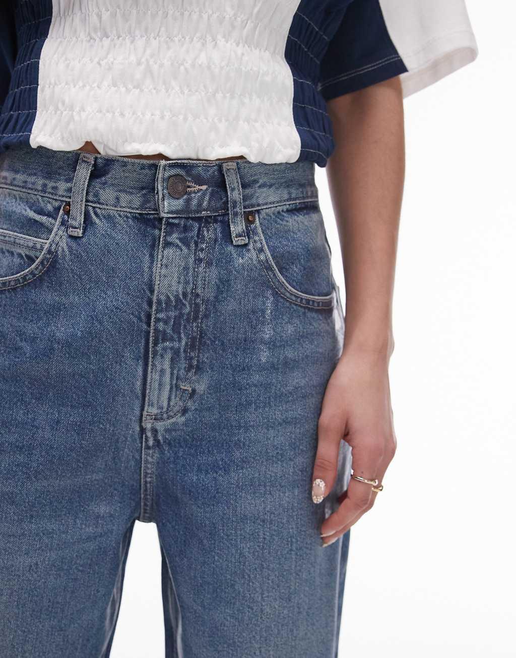 Topshop high rise baggy jeans in coated blue Product Image