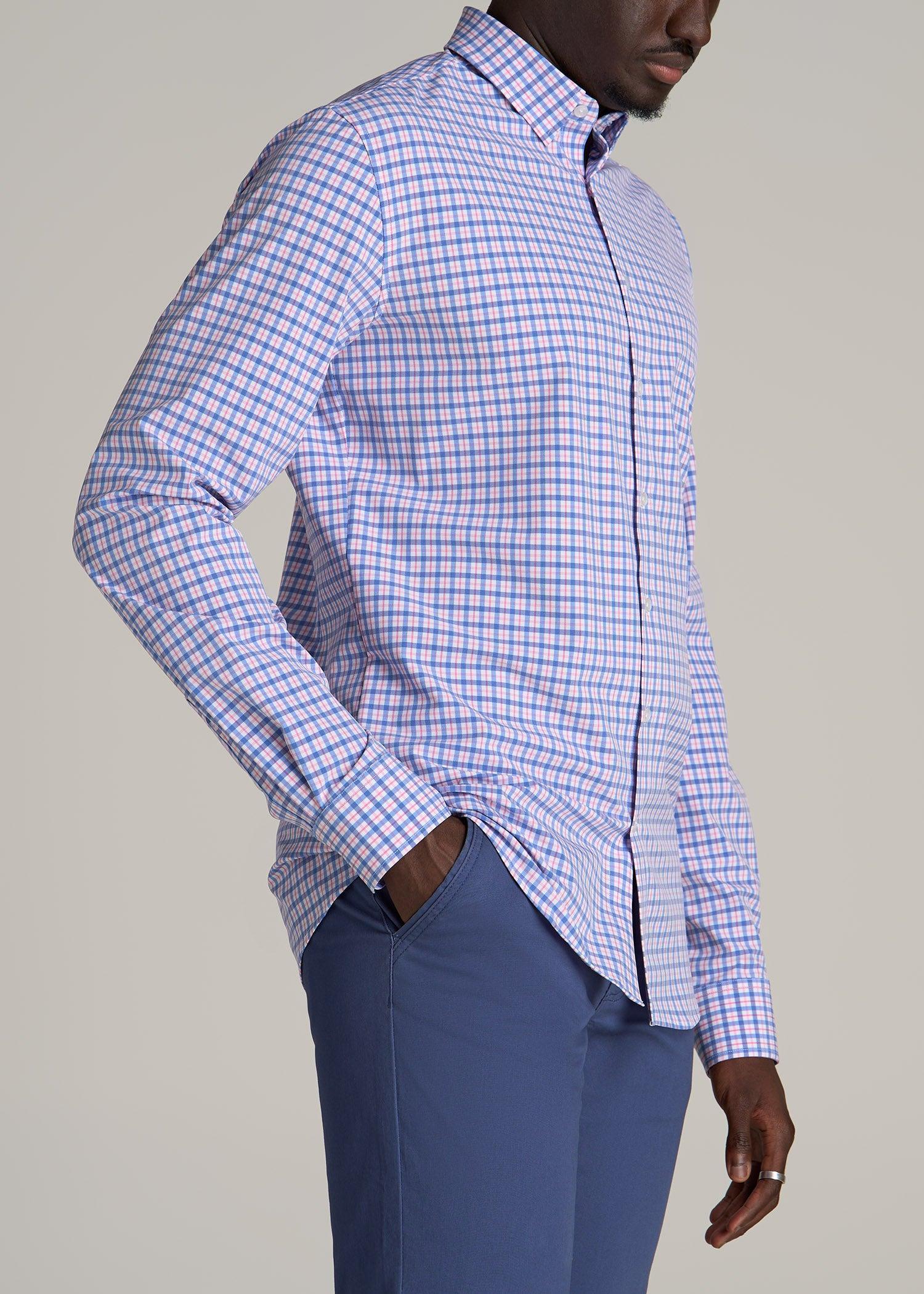 Traveler Stretch Dress Shirt for Tall Men in Blue and Rose Grid Product Image