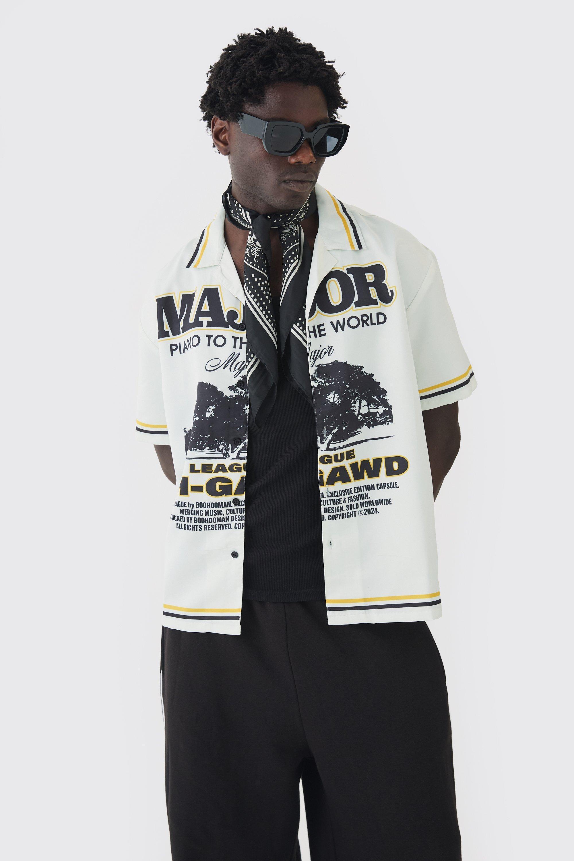 Mens Cream Oversized Major Slogan Print Boxy Shirt, Cream Product Image