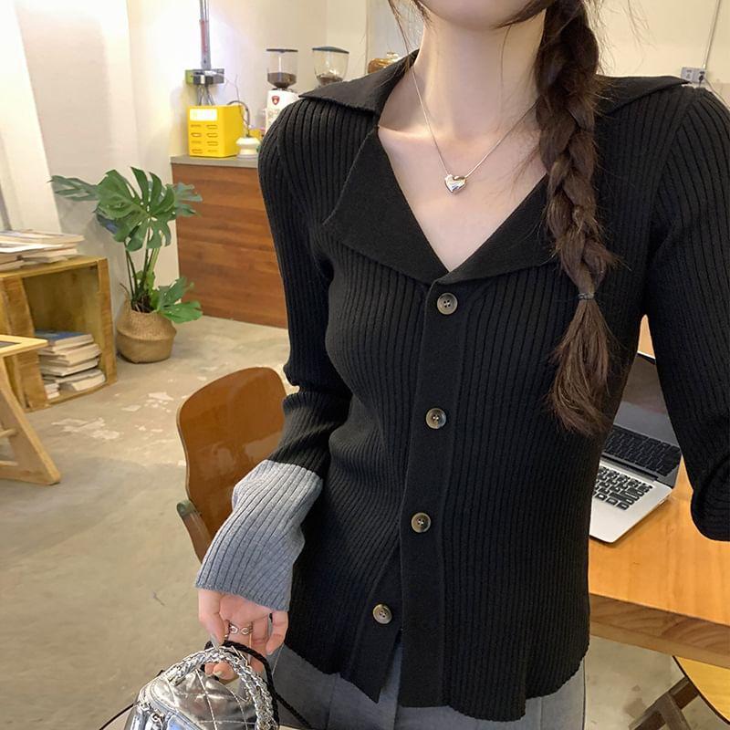 Collared Button-Up Plain Cardigan Product Image