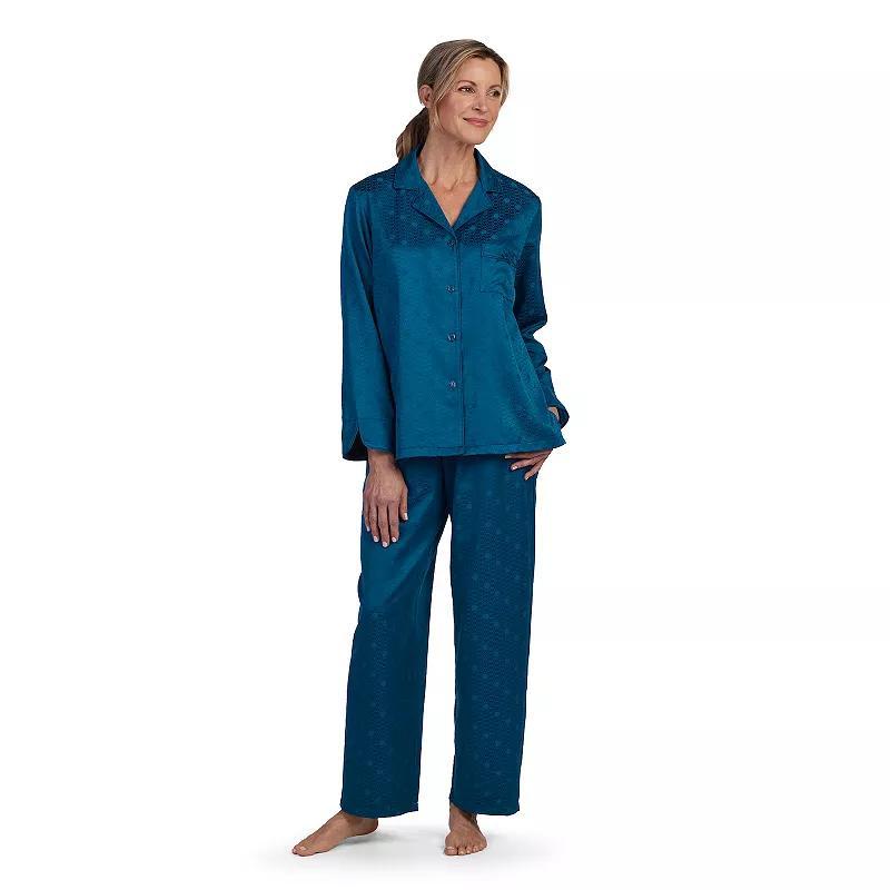 Petite Miss Elaine Essentials Brushed Back Satin Pajama Top & Pajama Bottom Set, Womens Blue Product Image