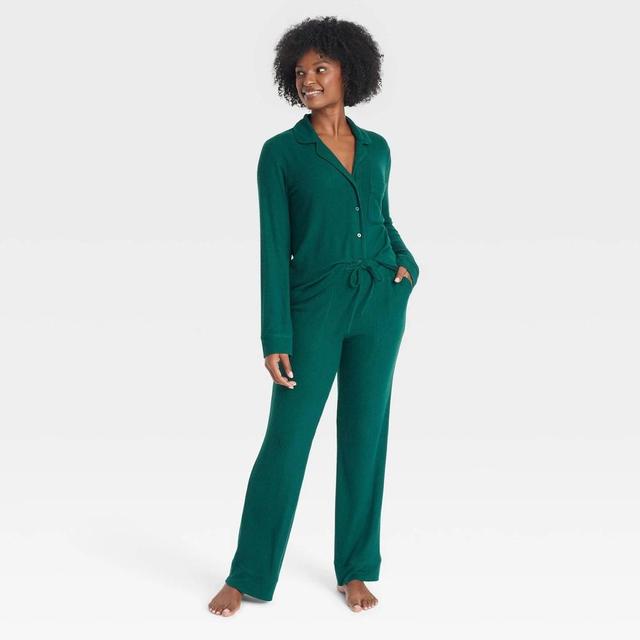 Womens Cozy Ribbed Long Sleeve Notch Collar Shirt and Pants Pajama Set - Auden Green Product Image