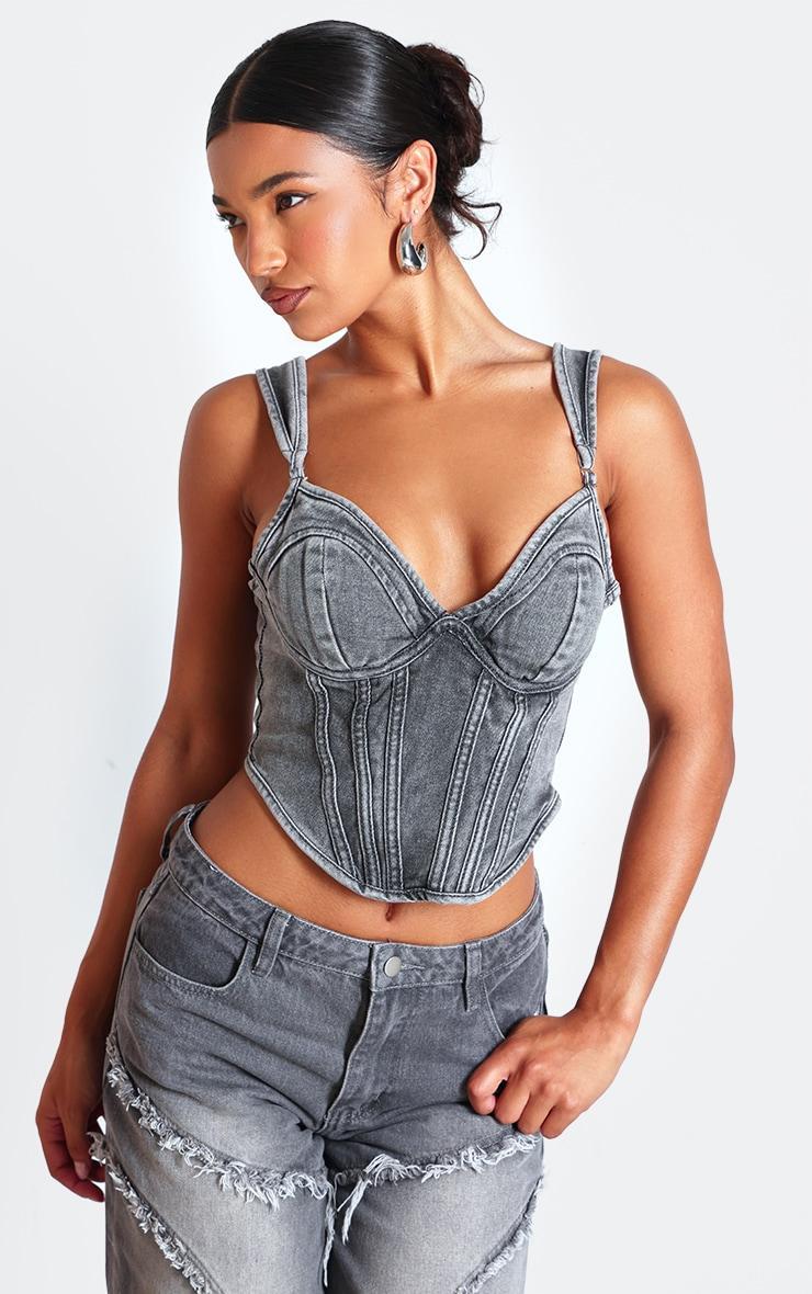 Washed Grey Dip Hem Bust Cup Denim Corset Product Image