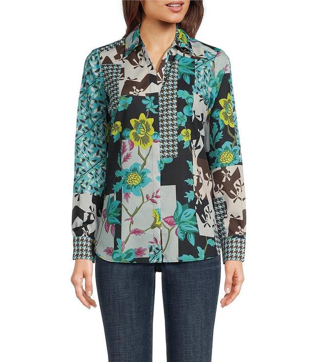 Foxcroft Kylie Patchwork Print Collared Neckline Long Sleeve Blouse Product Image