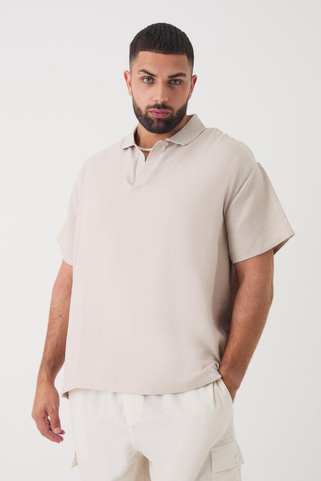 Plus Oversized Linen Revere Polo In Natural | boohooMAN USA Product Image