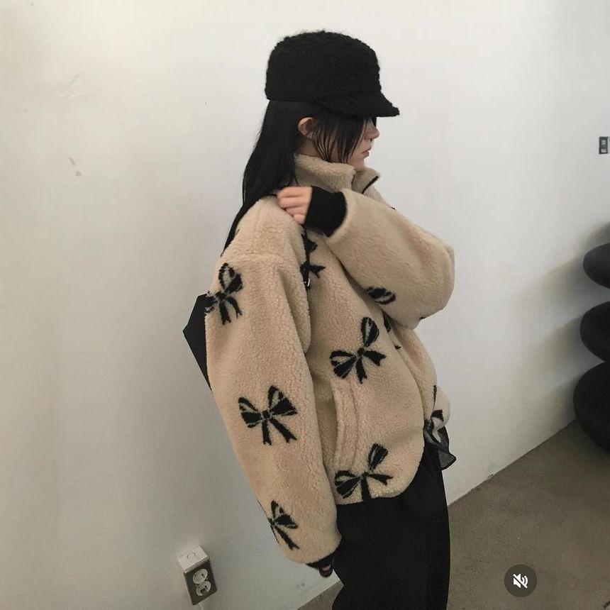 Long Sleeve Stand Collar Faux Shearling Ribbon Pattern Jacket Product Image