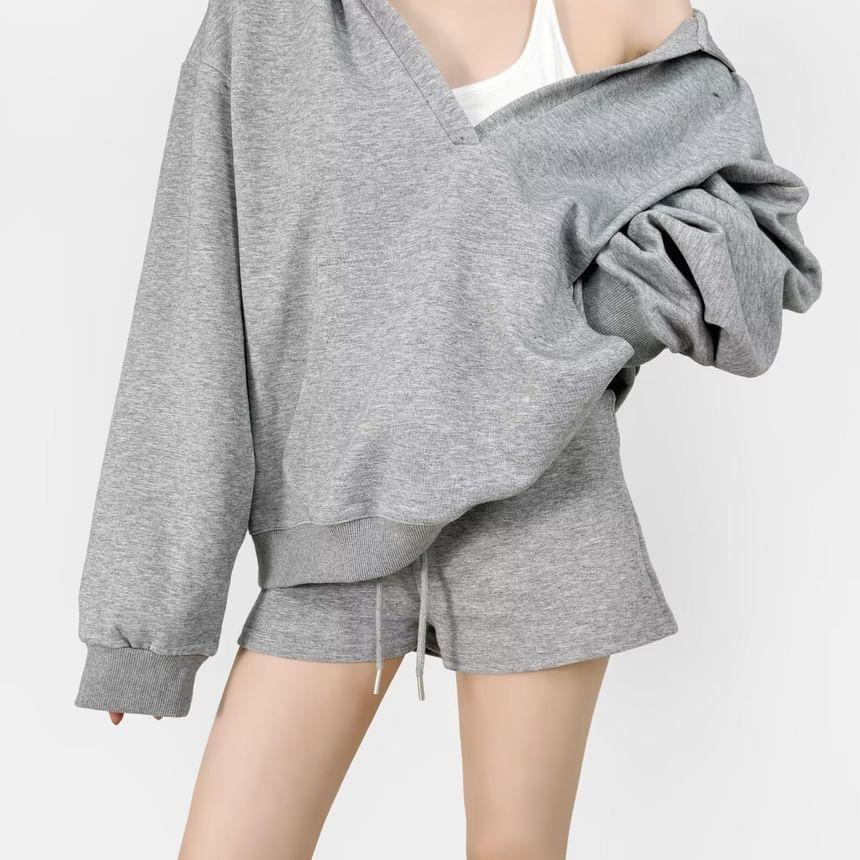 V-Neck Plain Loose Fit Hoodie Product Image