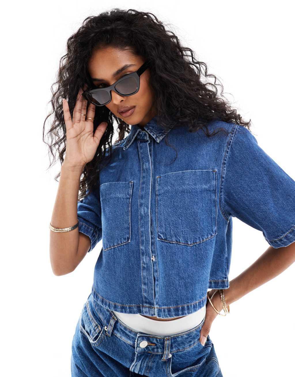 ASOS DESIGN denim crop shirt in clean blue wash - part of a set product image