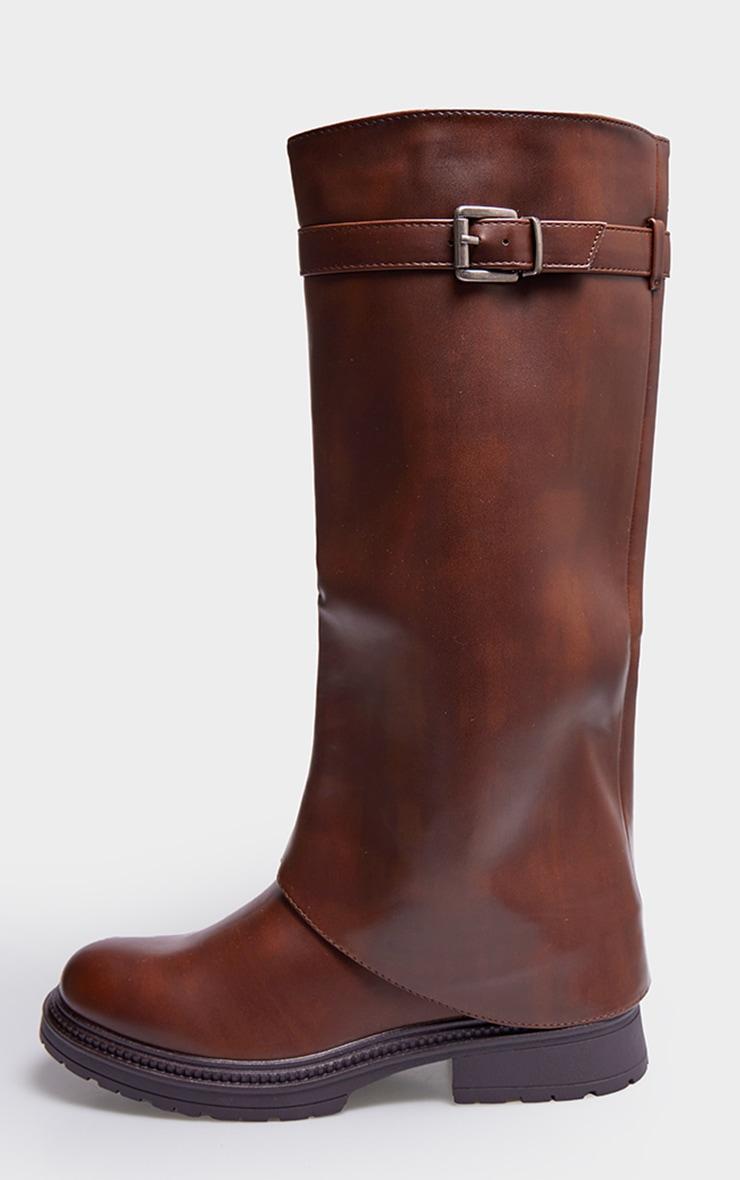 Brown PU Round Toe Fold Over Buckle Detail Knee High Boots Product Image