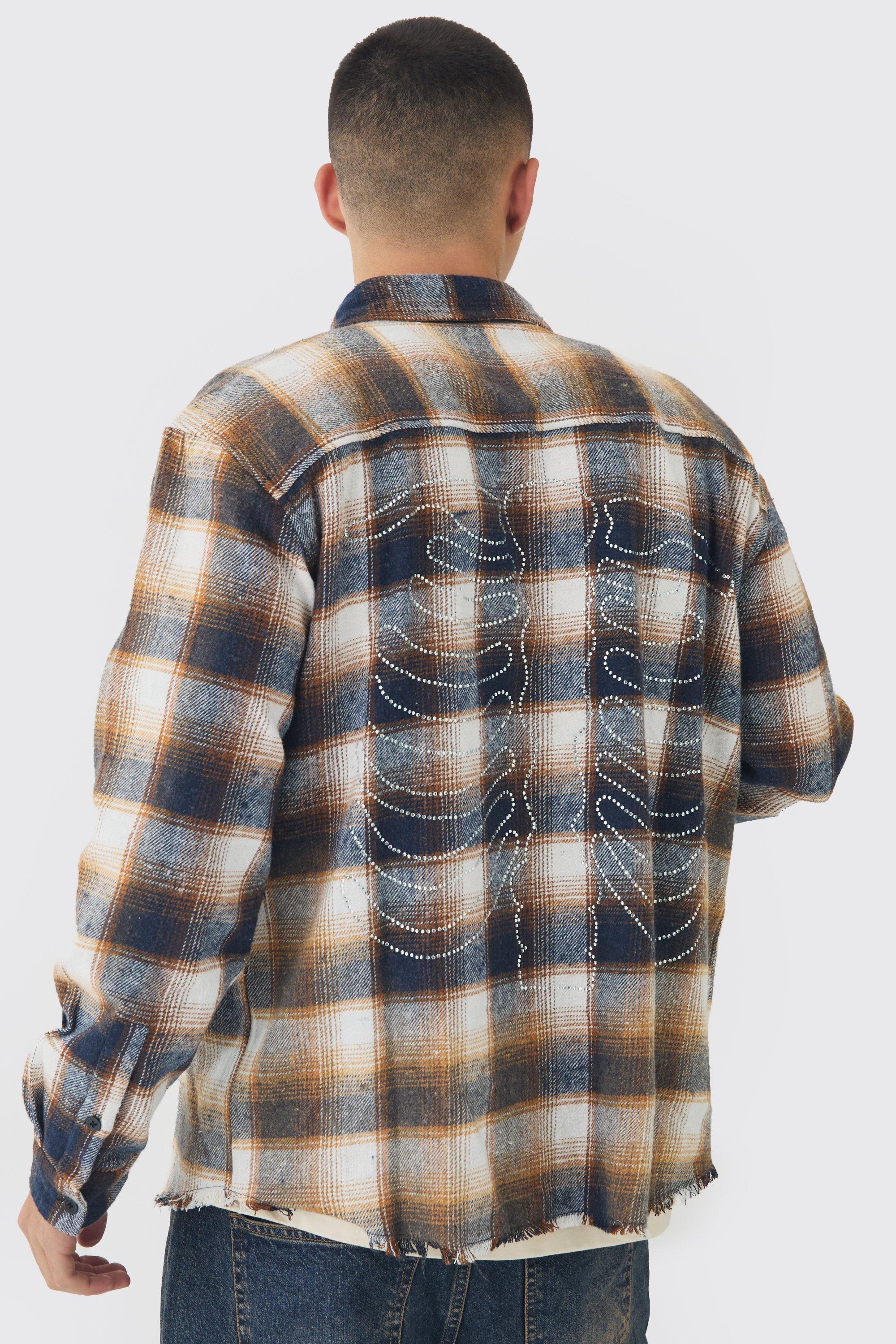 Oversized Distressed Skeleton Rhinestone Plaid Shirt | boohooMAN USA Product Image