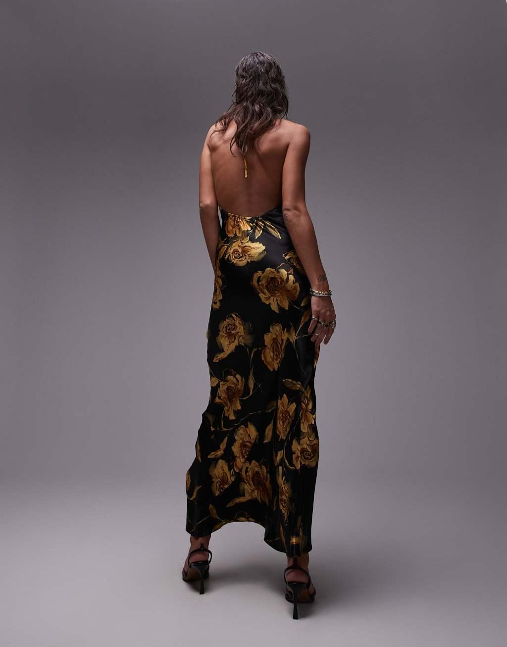 Topshop halter neck maxi bias in print in black and gold rose Product Image