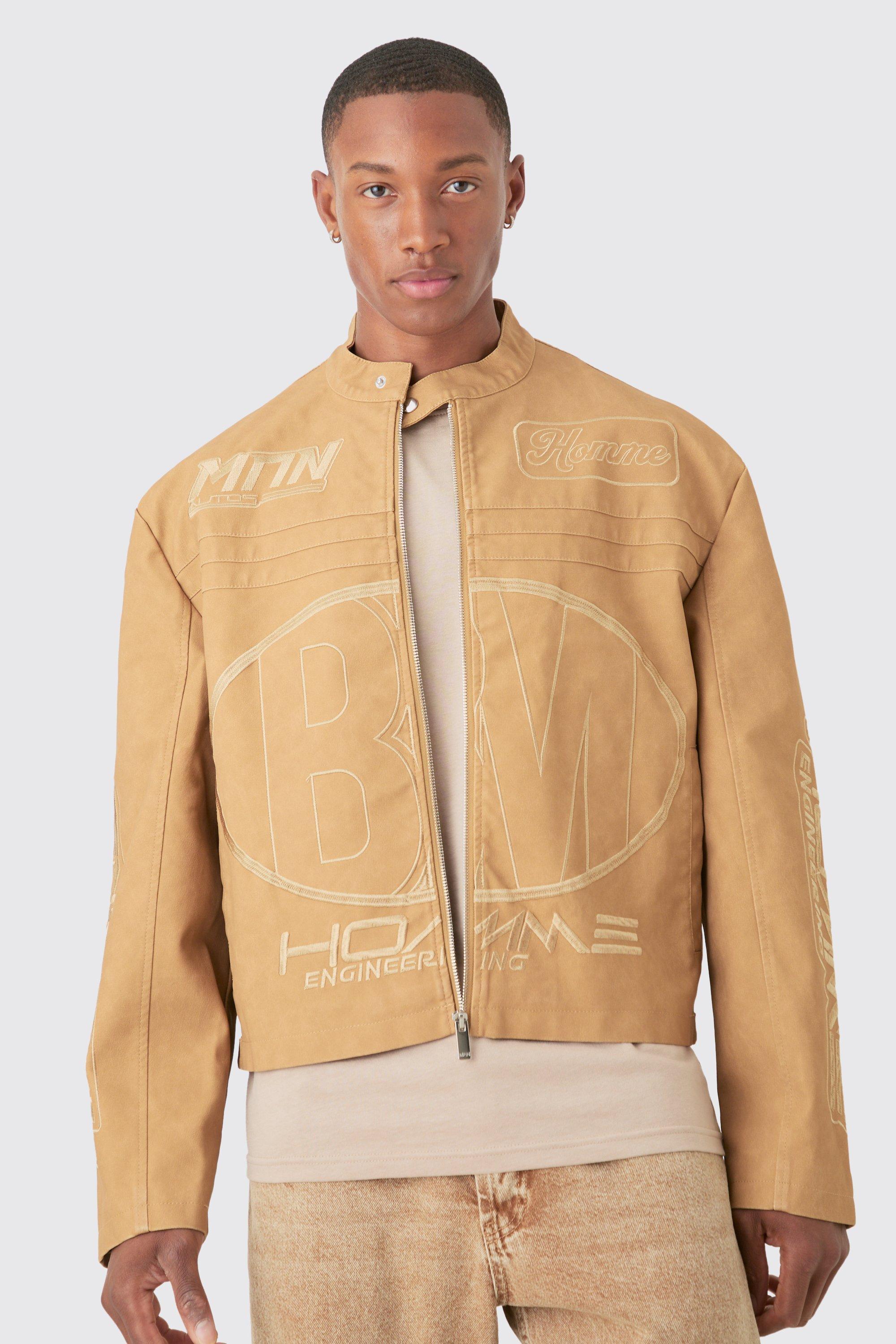 Boxy Collared Twill Varsity Bomber Jacket In Black | boohooMAN USA Product Image