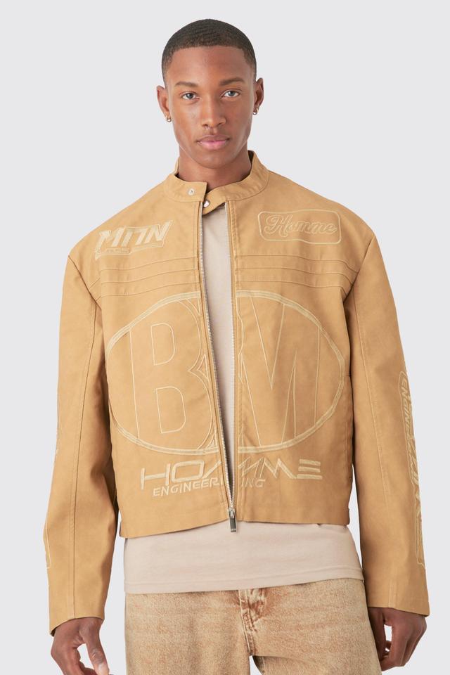 Boxy Collared Twill Varsity Bomber Jacket In Black | boohooMAN USA Product Image