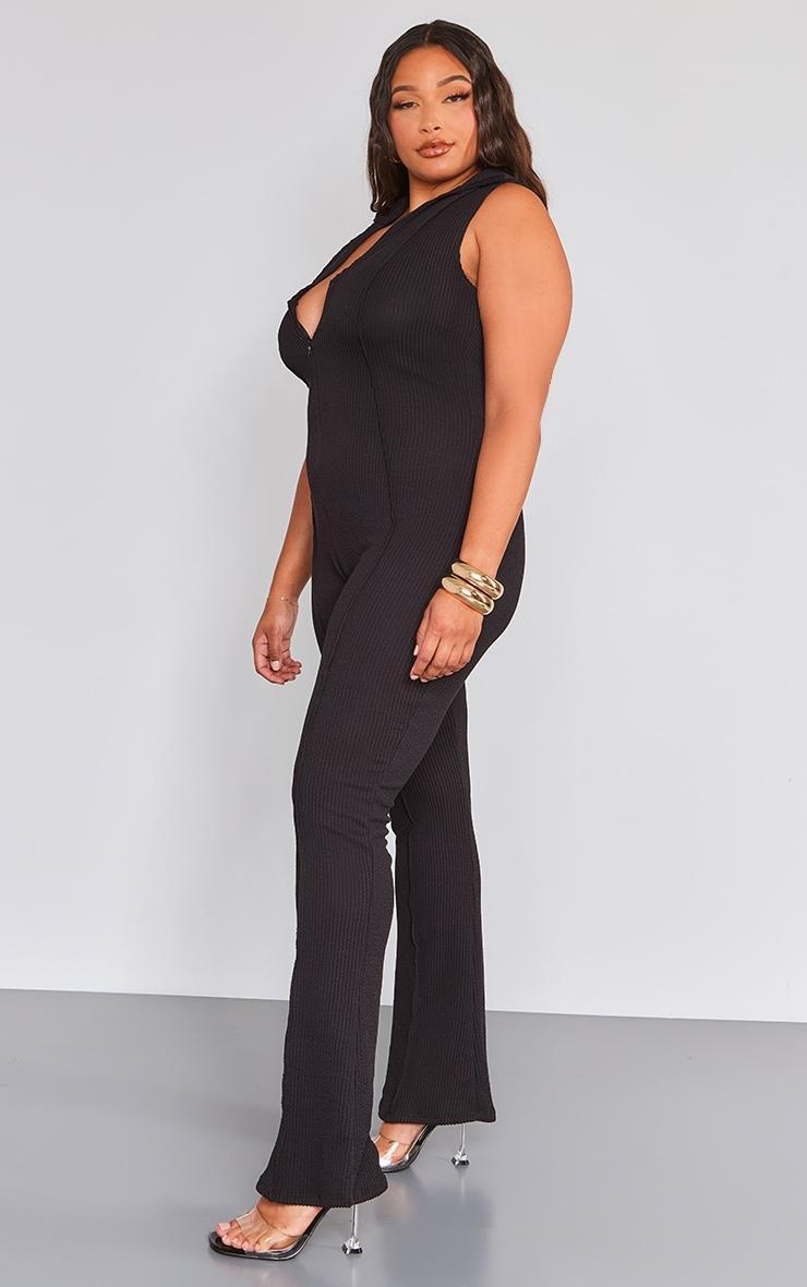 Plus Black Thick Rib Zip Front Collar Detail Jumpsuit Product Image