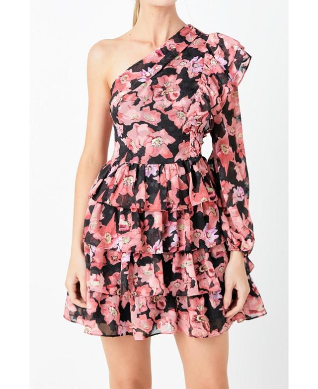 Womens One Shoulder Tiered Floral Dress - Black Product Image