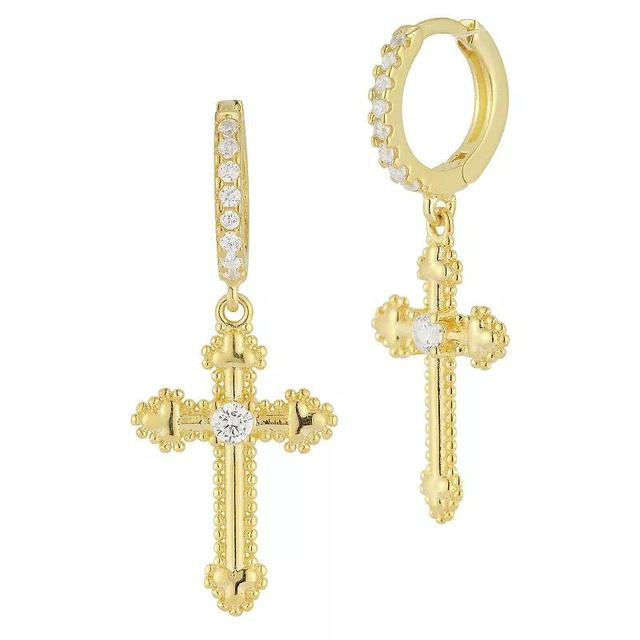 Sunkissed Sterling Cubic Zirconia Budded Cross Huggie Drop Earrings, Womens, Gold Product Image