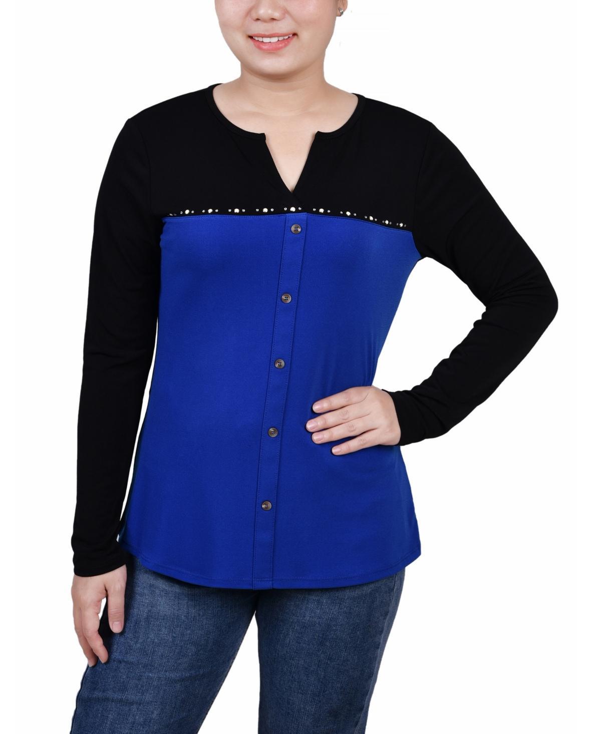 Ny Collection Petite Long Sleeve Studded Colorblocked Split Neck Top Product Image