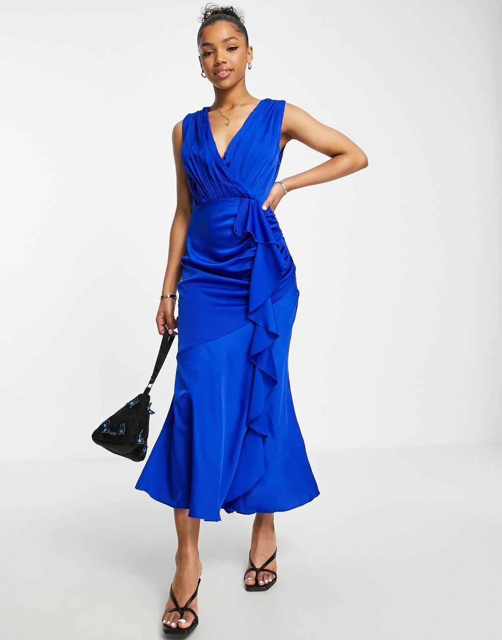 Little Mistress plunge front satin midi dress in royal blue Product Image