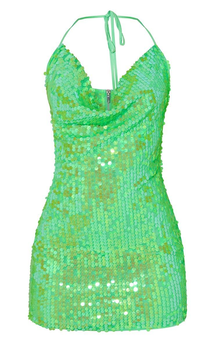 Green Disk Sequin Cowl Halterneck Bodycon Dress Product Image