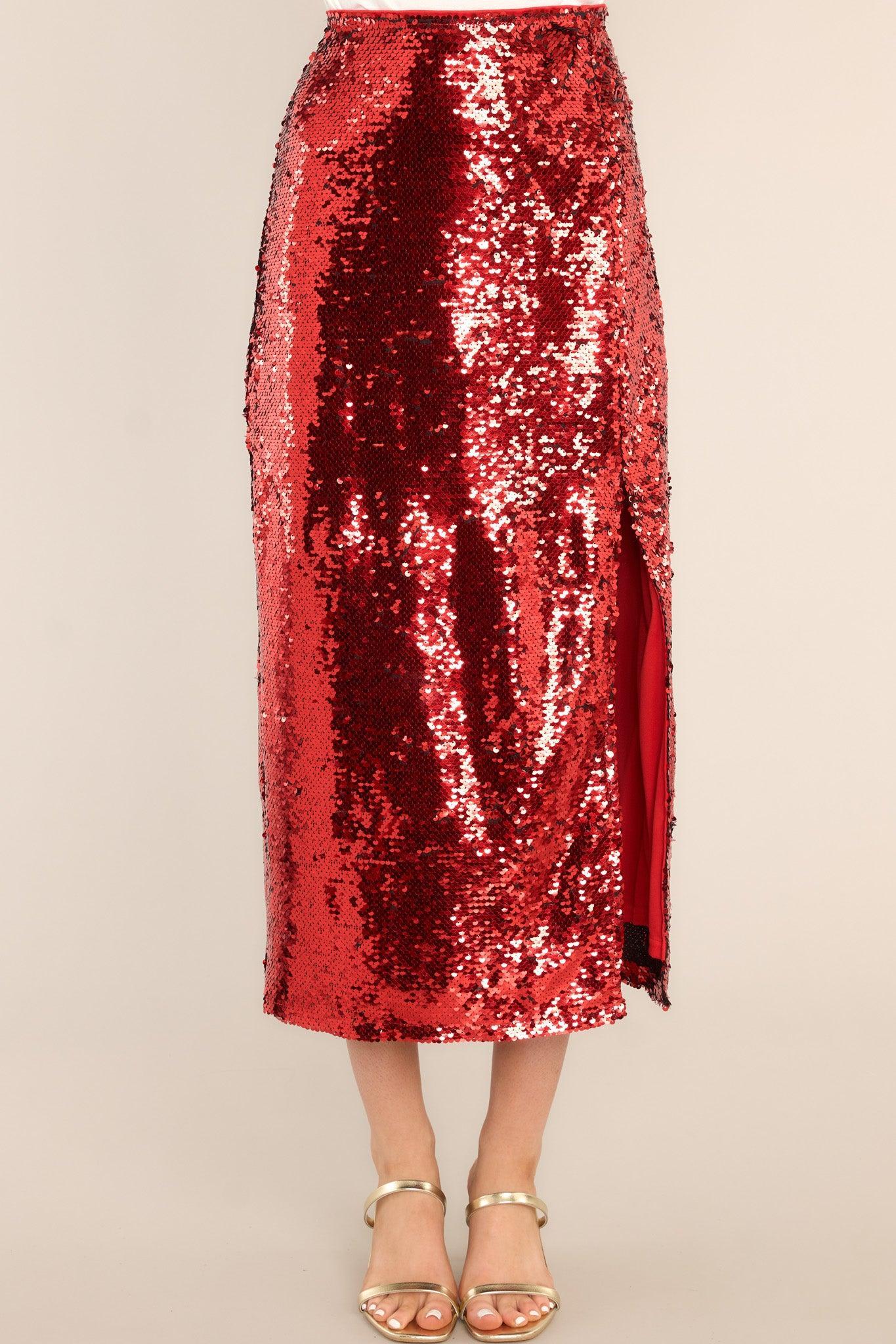 A Part Of It Red Sequin Midi Skirt Product Image