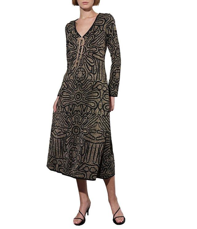 Ming Wang Lurex Metallic Swirl V-Neck Long Sleeve A-Line Midi Dress Product Image