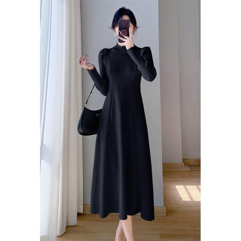 Long-Sleeve Mock Neck Plain Midi A-Line Knit Dress Product Image